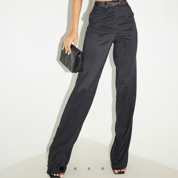 Tall Black Satin Trim Highwaisted Pants - Picture 1 of 5